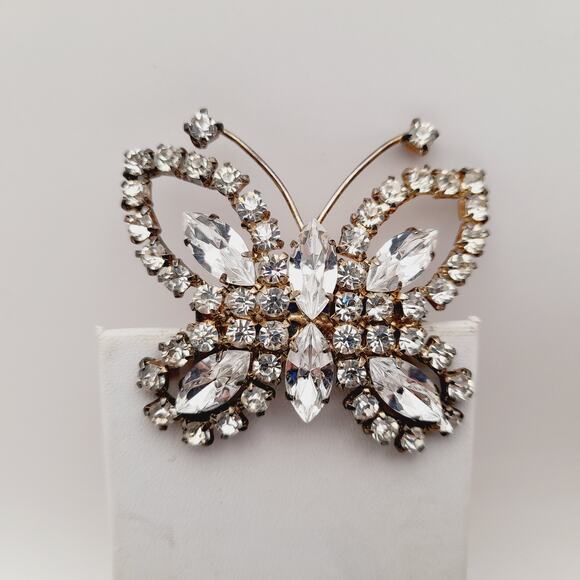 Vintage Mid-Century Clear Rhinestone Butterfly Brooch Pin Silver Tone - Picture 3 of 10